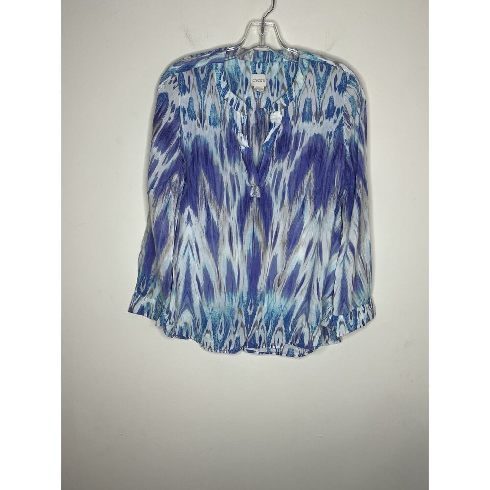 Chicos 1 Womens Blouse Medium Boho Printed Artsy Multi Color Long Sleeve Coastal